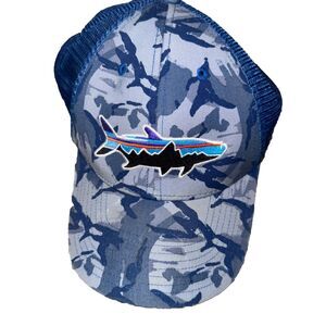 RARE Patagonia P-6 Blue Camo Trucker Hat Trout with Mountains